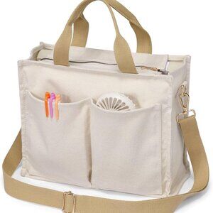 Beige Canvas Crossbody Tote for Women - 7 Pockets & Zippered Laptop Compartment